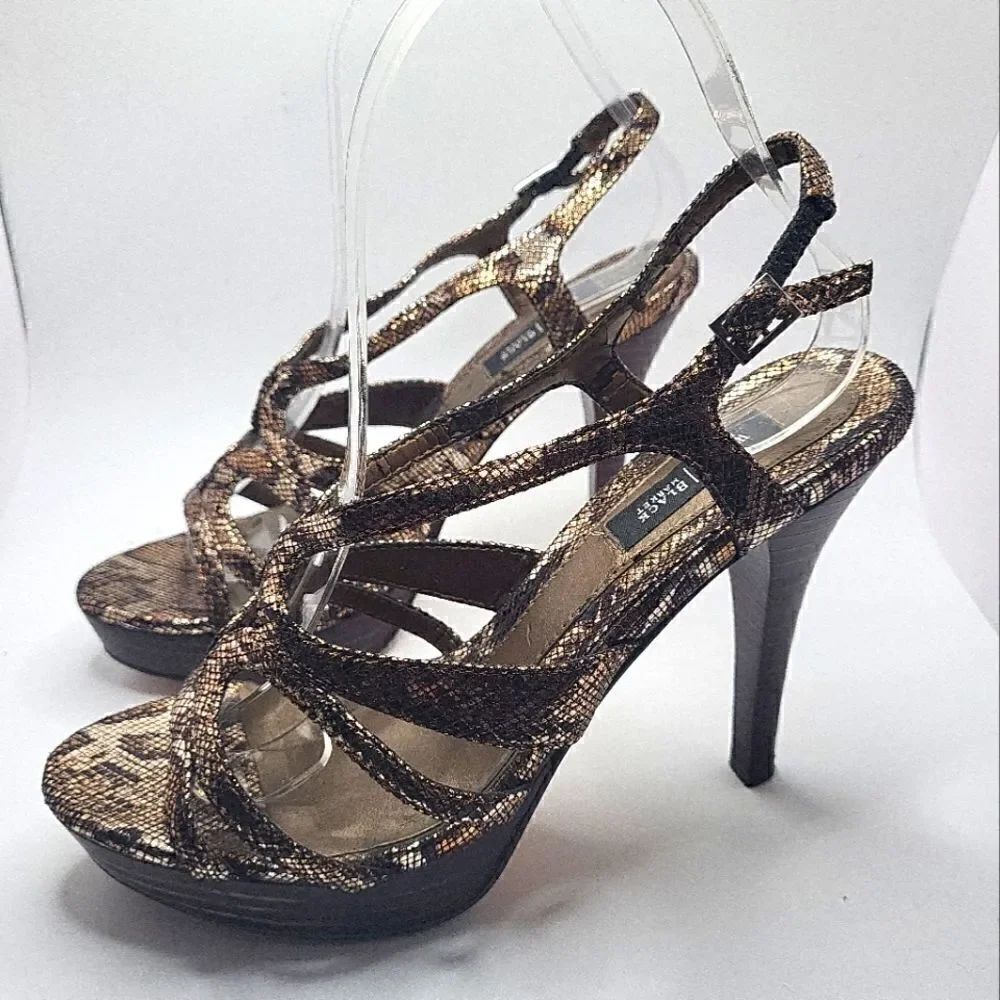 White House Black Market "Karley" Gld/Blk Metal Croc Platform Sandals sz.6.5 $99